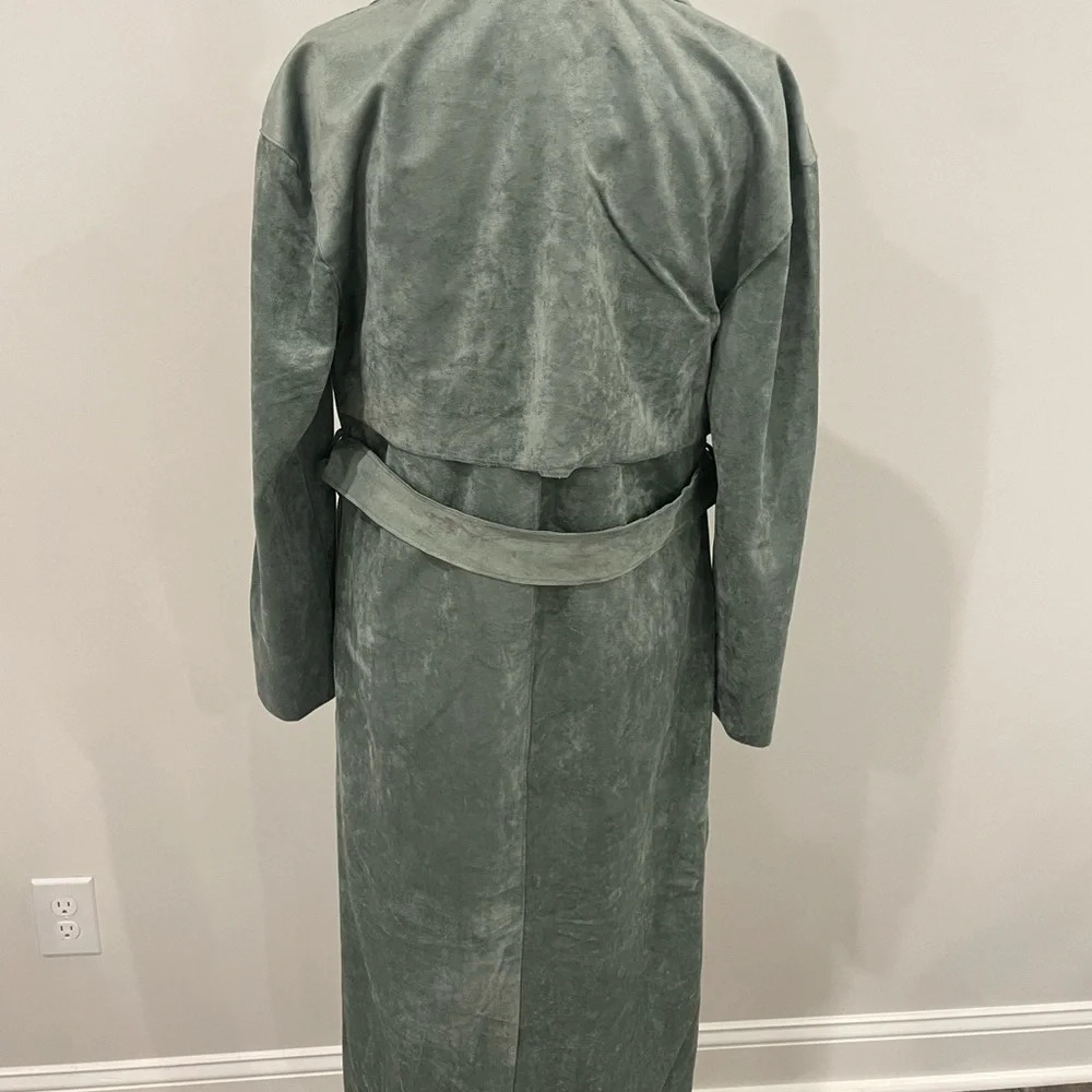 Anthropologie Blank NYC Green Faux Suede Plush Belted Trench Coat Jacket Sz XS - Picture 9 of 14